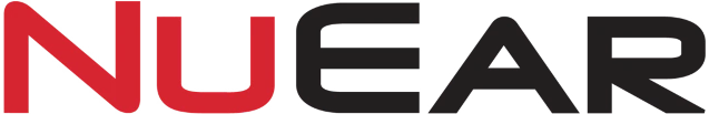 Das Bild zeigt das rot schwarze NuEar Logo auf transparentem Hintergrund.